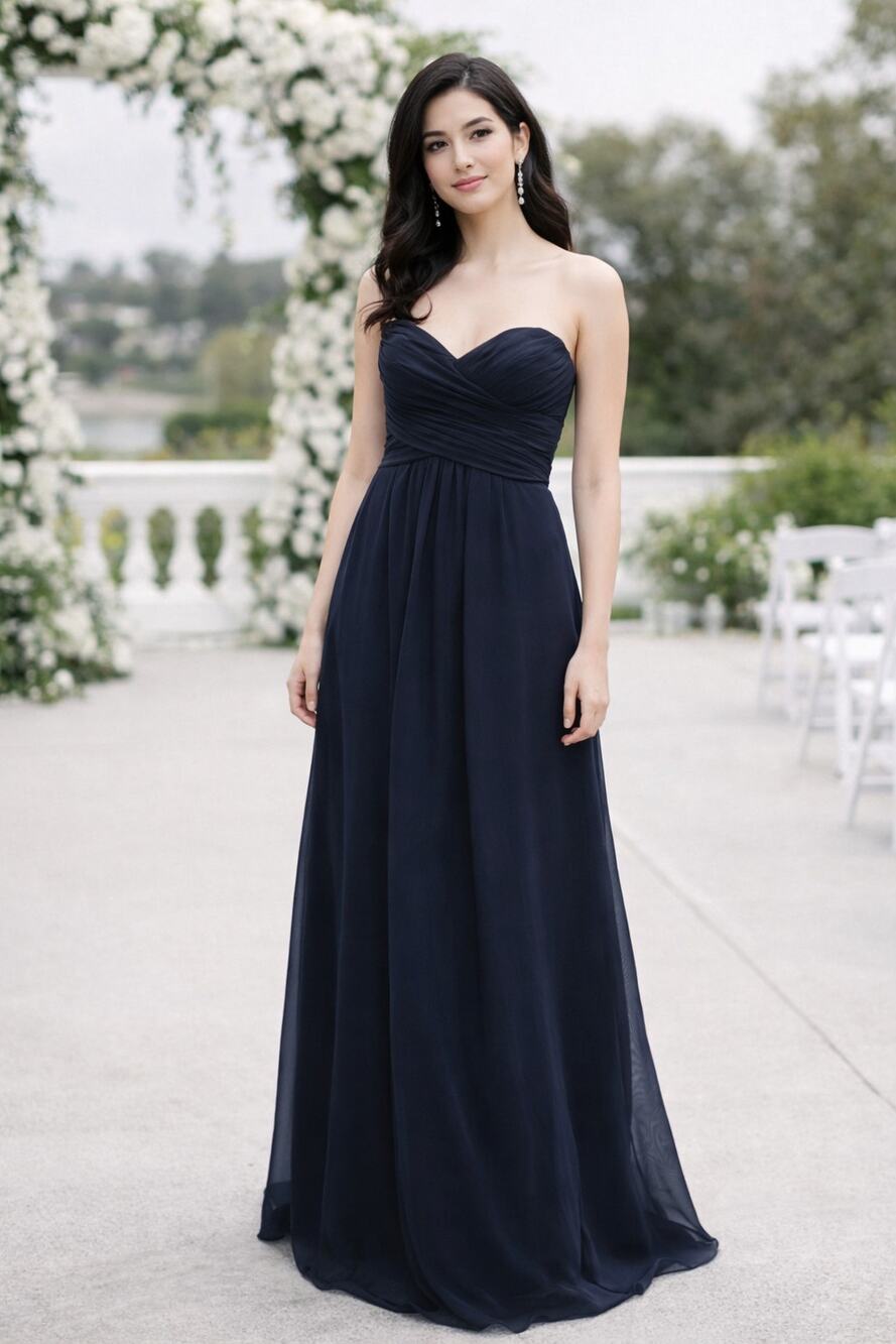 Alfred Angelo Navy Strapless Chiffon Flowing Formal/ Bridesmaid Dress sz 6